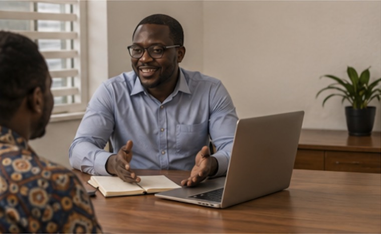 An accountant talking a client through clean numbers at a tidy desk