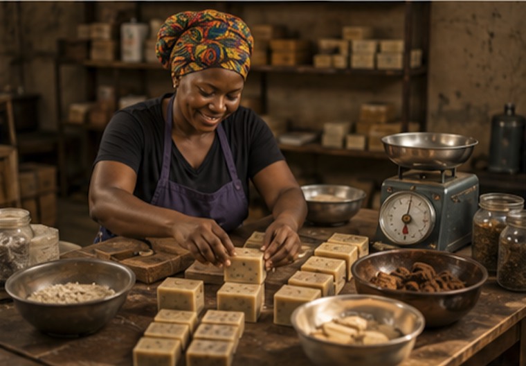 A maker stacking bars of handmade soap beside her scale