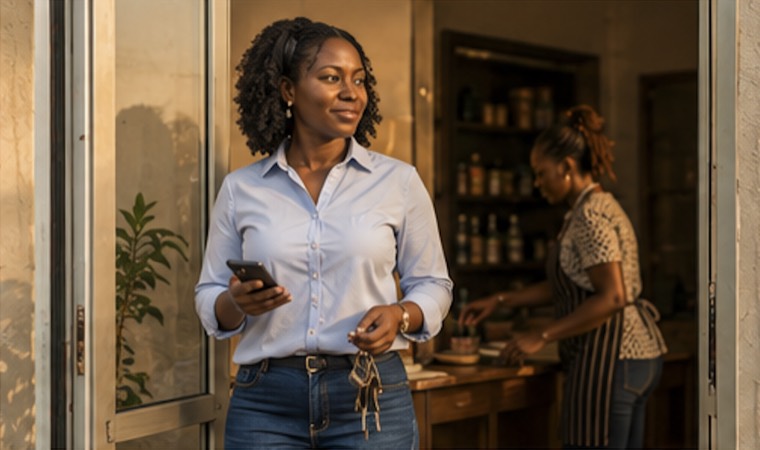 An owner in the doorway of her second branch, keys and phone in hand