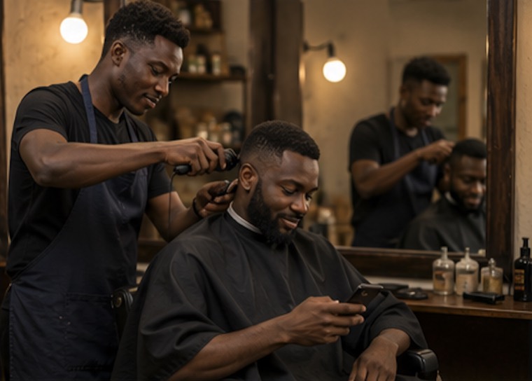 A barber finishing a client's cut while the client checks his phone