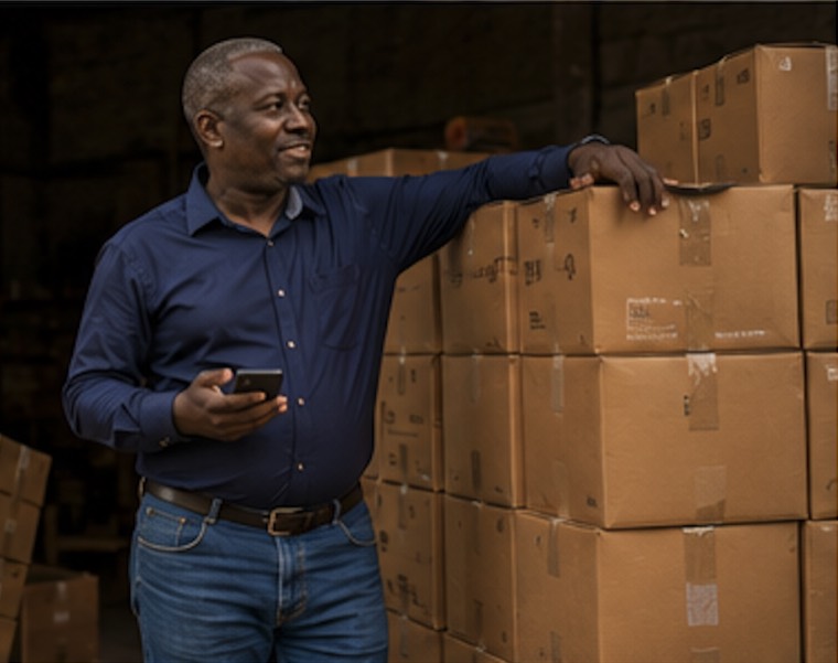 A wholesaler beside head-high stacks of sealed cartons, phone in hand